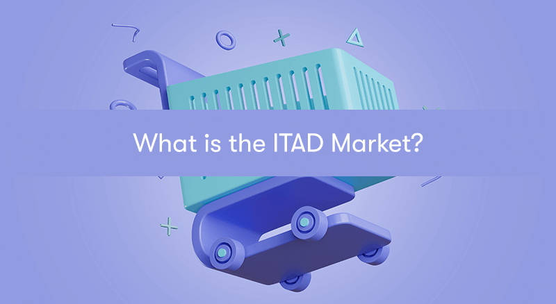 A picture of a shopping trolley, with the heading 'What is the ITAD Market?' in front. on a purple background.