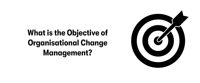 The heading 'What is the Objective of Organisational Change Management?' on the left, with a picture of a black and white target and an arrow in it on the right. On a white background.