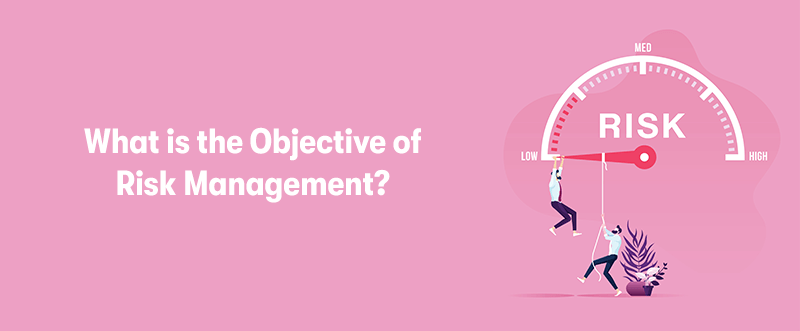 Oh the left is the heading 'What is the Objective of Risk Management?'. On the right is a picture of two men trying to pull a risk scale to low. On a pink background.