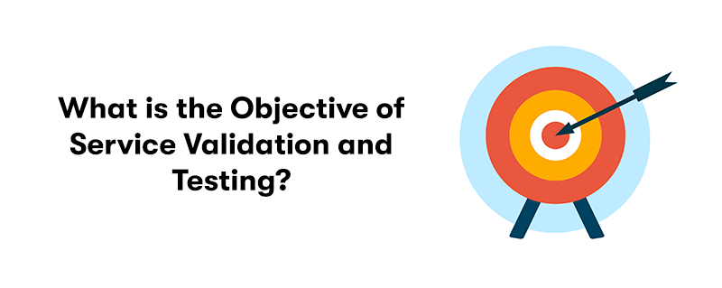 On the left is the heading 'What is the Objective of Service Validation and Testing?'. On the right is a picture of a target with an arrow in it. On a white background.