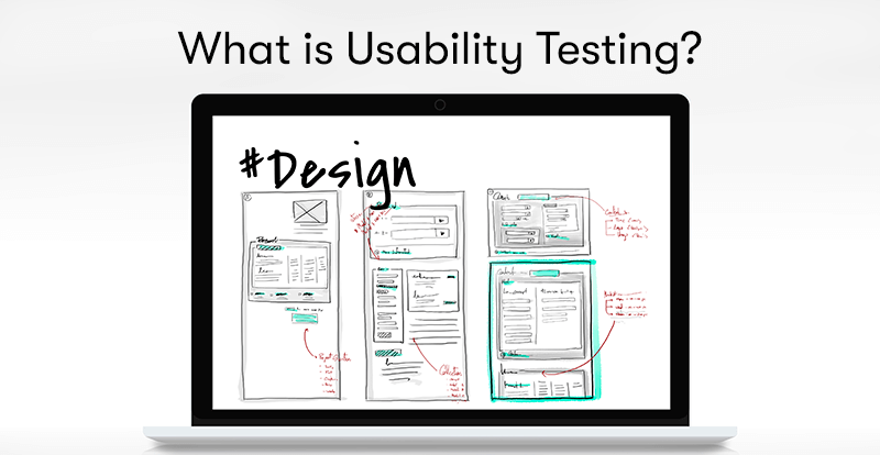 a laptop with UX design layouts on it, with the text What is Usability Testing? above the laptop.