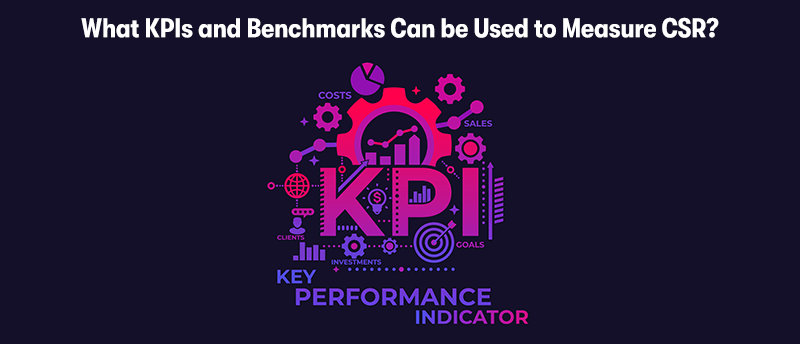 The heading 'What KPIs and Benchmarks Can be Used to Measure CSR?' at the top, with a picture below depicting KPIs, including goals, clients, and costs. On a dark blue background.