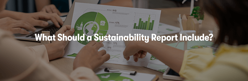 A picture of a man holding graphs on sustainability, broken down into different sections. With a woman pointing at one of the graphs. With the heading 'What Should a Sustainability Report Include?' in front.