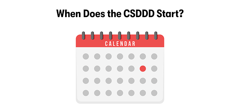 A picture of a calendar with the text 'When Does the CSDDD Start?' above. On a white background.