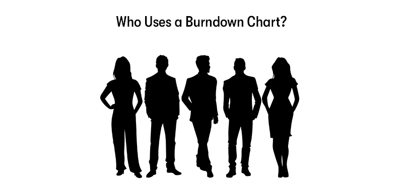 The heading 'Who uses a burndown chart?' at the top. Below is 5 shadows of business people. On a white background.
