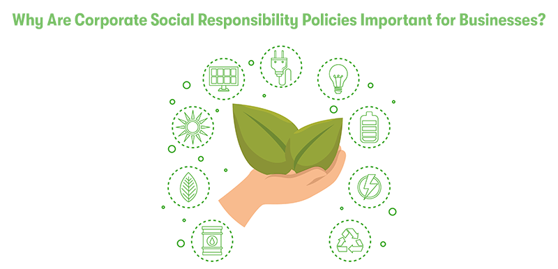 A picture of a hand holding a leaf, surrounding that is icons symbolising energy, recycling, water, electricity, technology, and the sun. With the heading 'Why Are Corporate Social Responsibility Policies Important for Businesses?' above. On a light grey background.