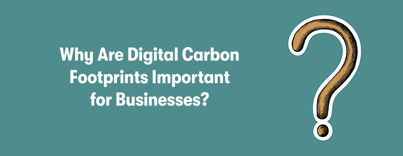 The heading 'Why Are Digital Carbon Footprints Important for Businesses?' on the left. With a large brown question mark on the right. With a turquoise background.