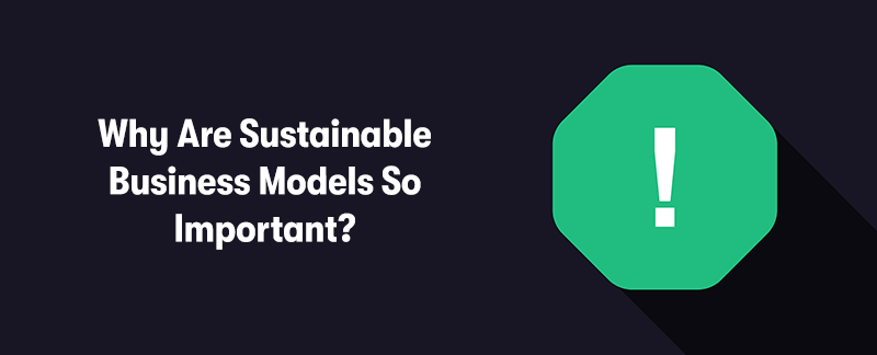 The heading 'Why Are Sustainable Business Models So Important?' on the left. With a big green hexagon on the right with a large exclamation point inside. On a dark blue background.
