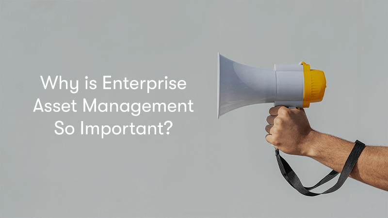 The text 'Why is Enterprise Asset Management So Important?' on the left, with someone holding a megaphone on the right. On a grey background.