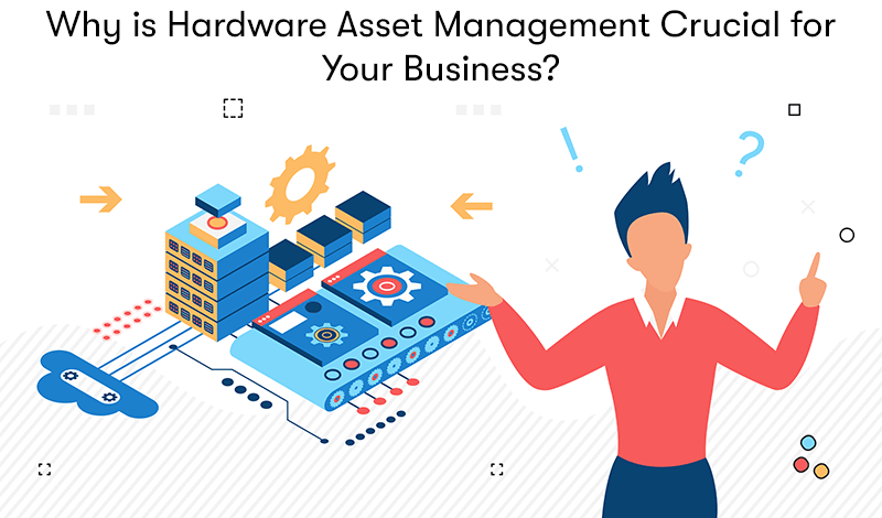 A picture of a server and IT hardware, with a woman next to it shrugging her shoulders to say why? With the heading 'Why is Hardware Asset Management Crucial for Your Business?' above. On a white background.