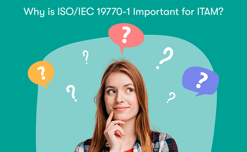 A picture of a woman thinking, with question marks around here, with the heading 'Why is ISO/IEC 19770-1 Important for ITAM?' above. On a green background.