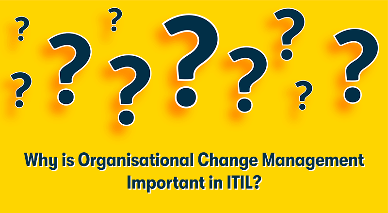 At the top of the picture is many dark blue question marks with white shadows. Underneath is the heading 'Why is Organisational Change Management Important in ITIL?'. On a yellow background.