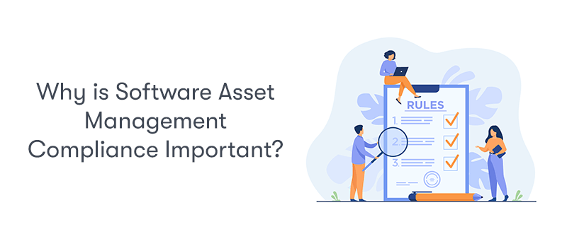 The heading 'Why is Software Asset Management Compliance Important?' on the left. With a picture of 3 people inspecting a document of rules. On a white background.