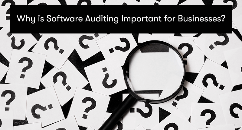 A picture of many cards with question marks on them spread out, with a magnifying glass hovering over them. With the words 'Why is Software Auditing Important for Businesses?' at the top, on a black background.