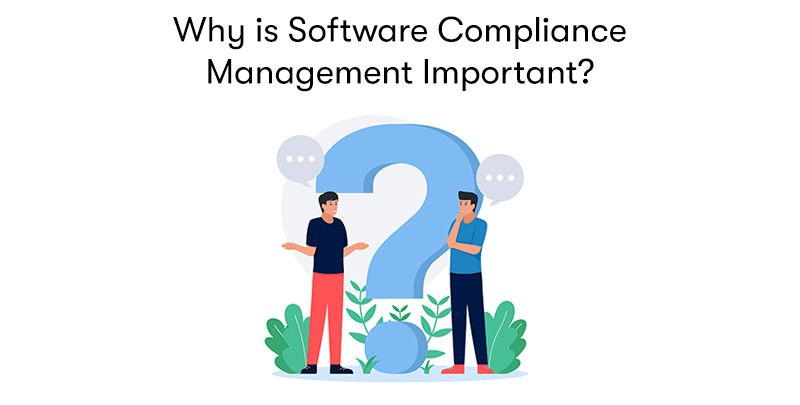 A picture of two people thinking with a blue question mark in-between them, with the text 'Why is Software Compliance Management Important?' above. On a white background