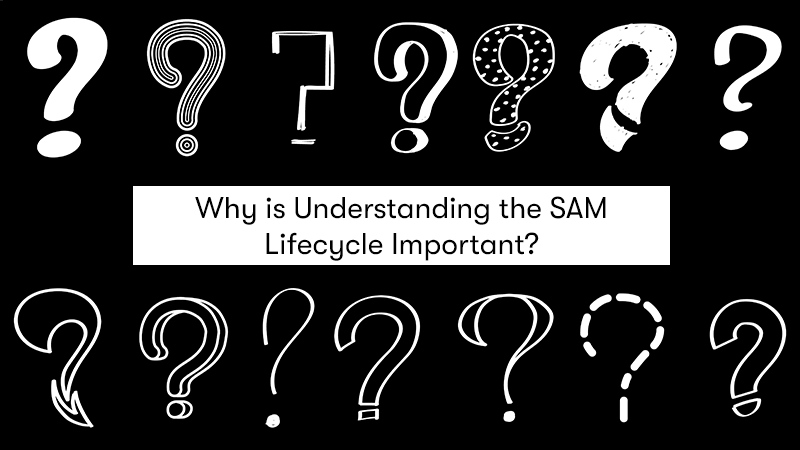 The heading 'Why is Understanding the SAM Lifecycle Important?' in the middle, surrounded by white question marks, with a black background.
