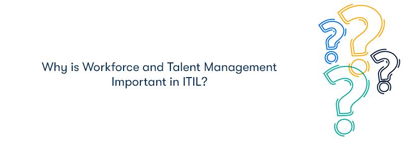 Why is Workforce and Talent Management Important in ITIL? text on the left with 4 large multi coloured question marks on the right.