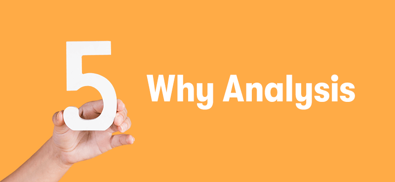 A hand on the left holding the number 5, to the right of that is the words Why Analysis. To make 5 Why Analysis. On a light orange background.