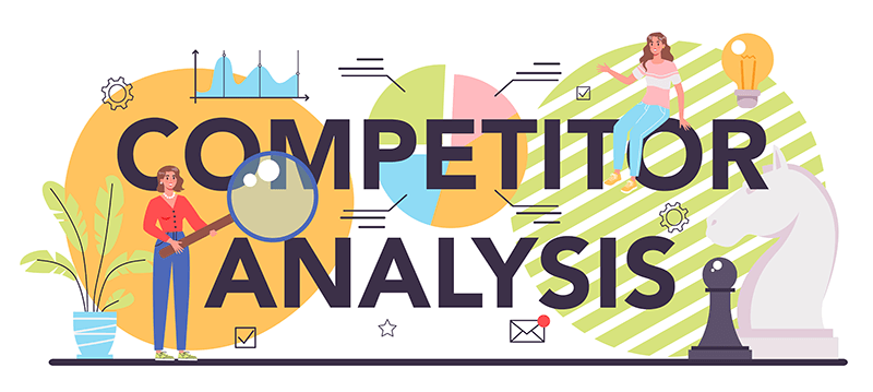 competitor analysis next to graphs, magnifying glass, and a light bulb