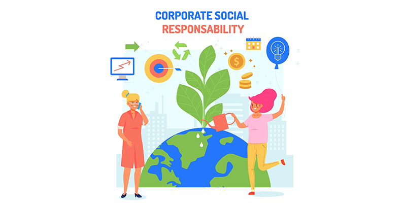 A picture of a depiction of corporate social responsibility. Including money, goals, recycling, and green planet icons.