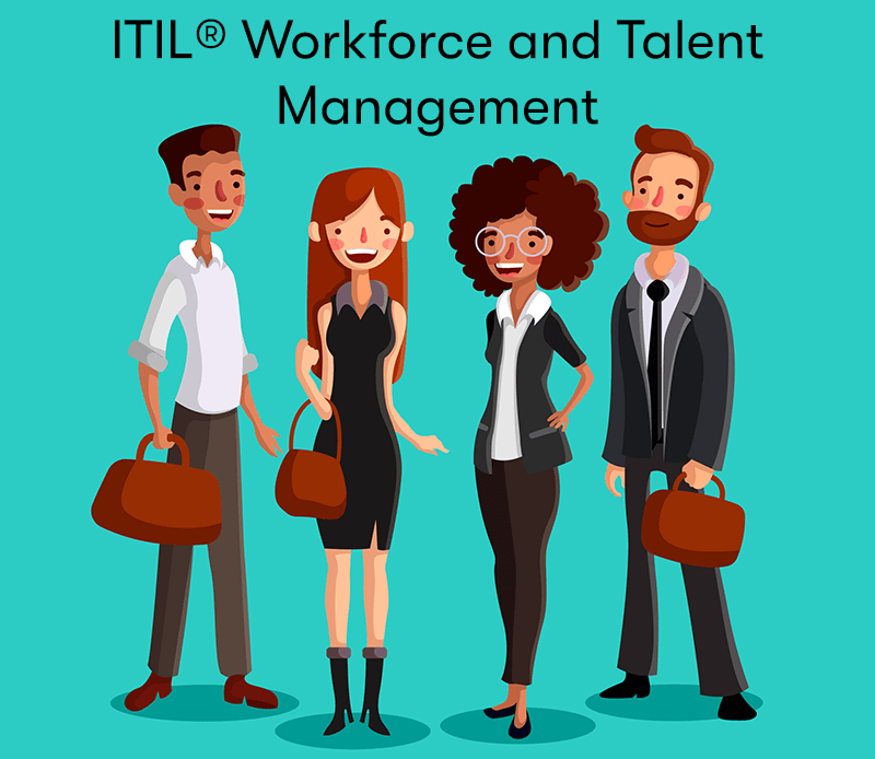 A picture of 4 business people standing next to each other with the words ITIL workforce and Talent Management on top.
