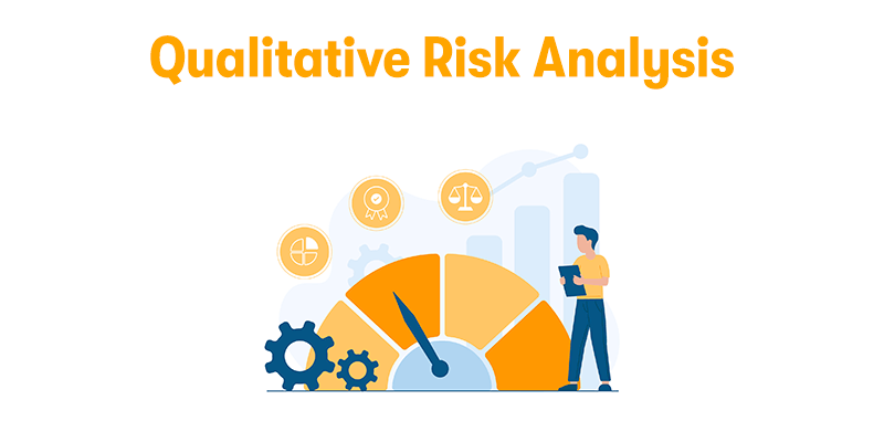 A picture of a person looking at a risk graph with a clipboard in their hand. Surrounding that are some scales, a pie chart, and a certificate. On a white background.