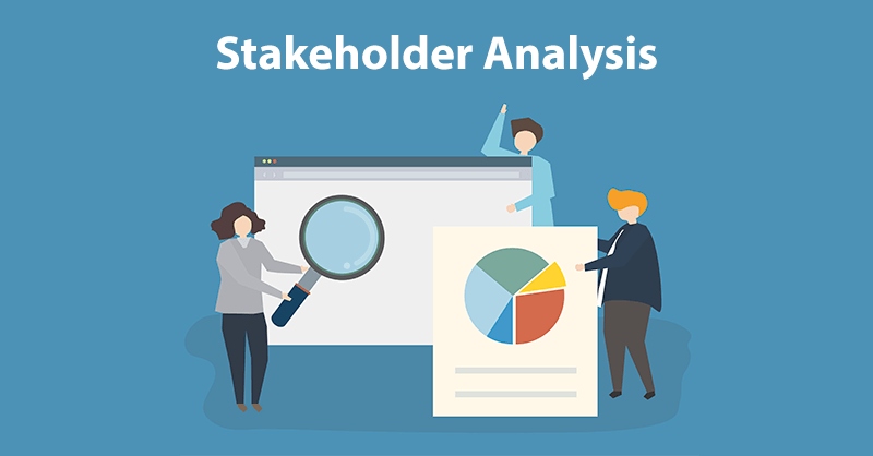 A picture of 3 people looking at data and charts though a magnifying glass. On a blue background.