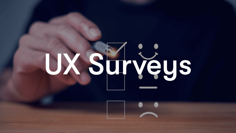 UX surveys text in front of a floating survey and a man click on an answer