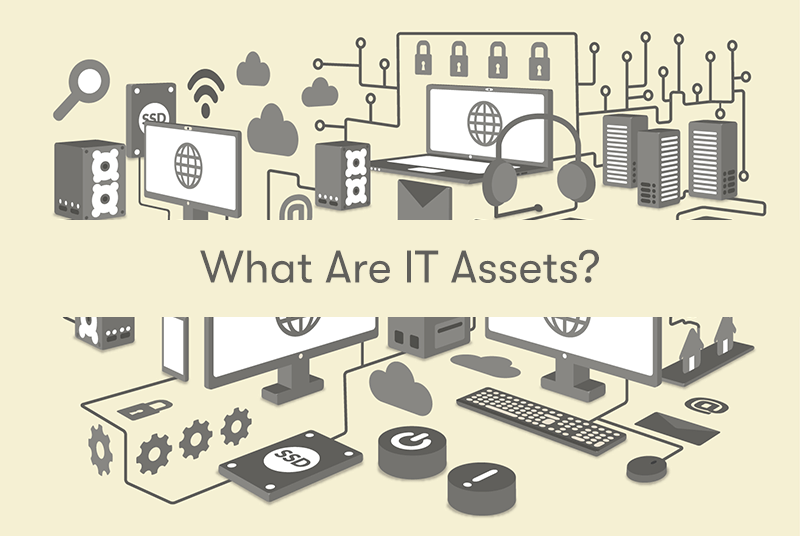 A picture of different types of IT assets such as computers, hard drives, cloud, and servers. With the words What are IT assets? On top.