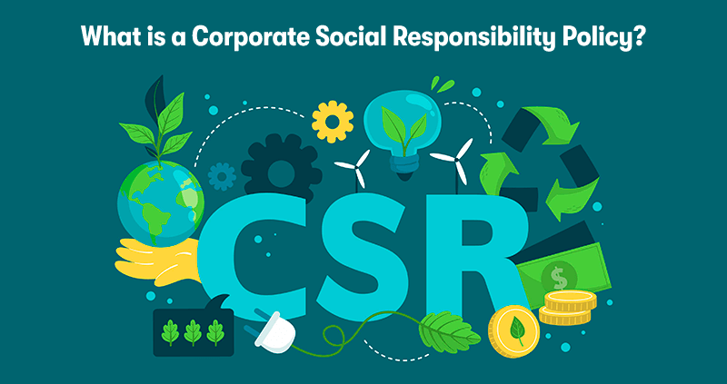 A picture of the letters CSR, surrounded by money, electricity and green energy, the globe, and recycling. With the heading 
