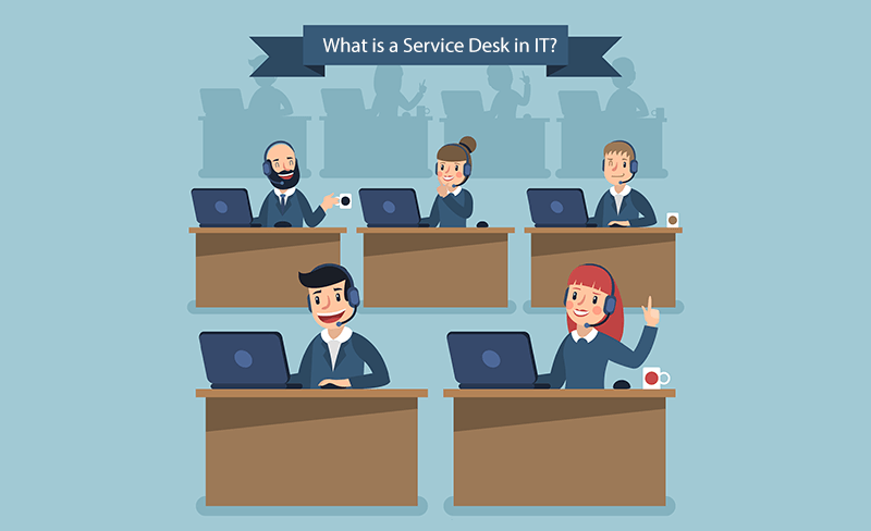 A picture of many people working on a service desk at their desks, with laptops in front of them and headsets on talking to people. With the heading 