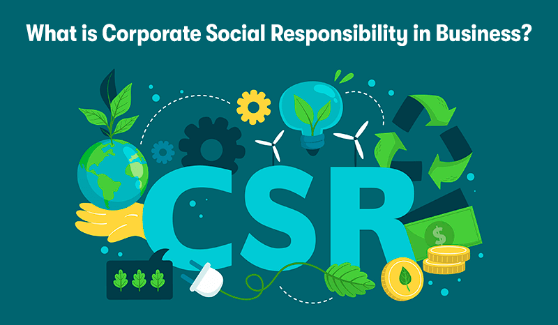 A picture depicting CSR, surrounding it is icons representing money, recycling, electricity, the world, and green energy. With the heading 