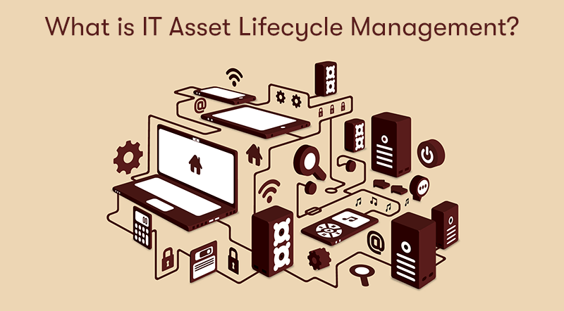 A picture of IT Assets linked together to form a web of IT assets. Above is the heading What is IT Asset Lifecycle Management?. On a cream background.