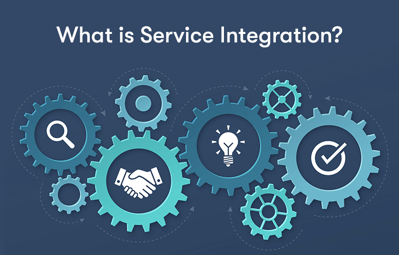 What is service integration title on top of cogs with IT elements on them interconnecting