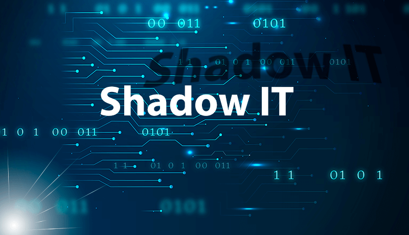 A picture of circuits and binary code surround it. With the text Shadow IT in front. With the shadow of the text on the circuits in the background.