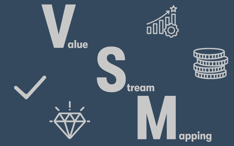 The heading Value Stream Mapping surrounded by pictures of a tick, shining diamond, money, and a graph going upwards. On a dark blue background.